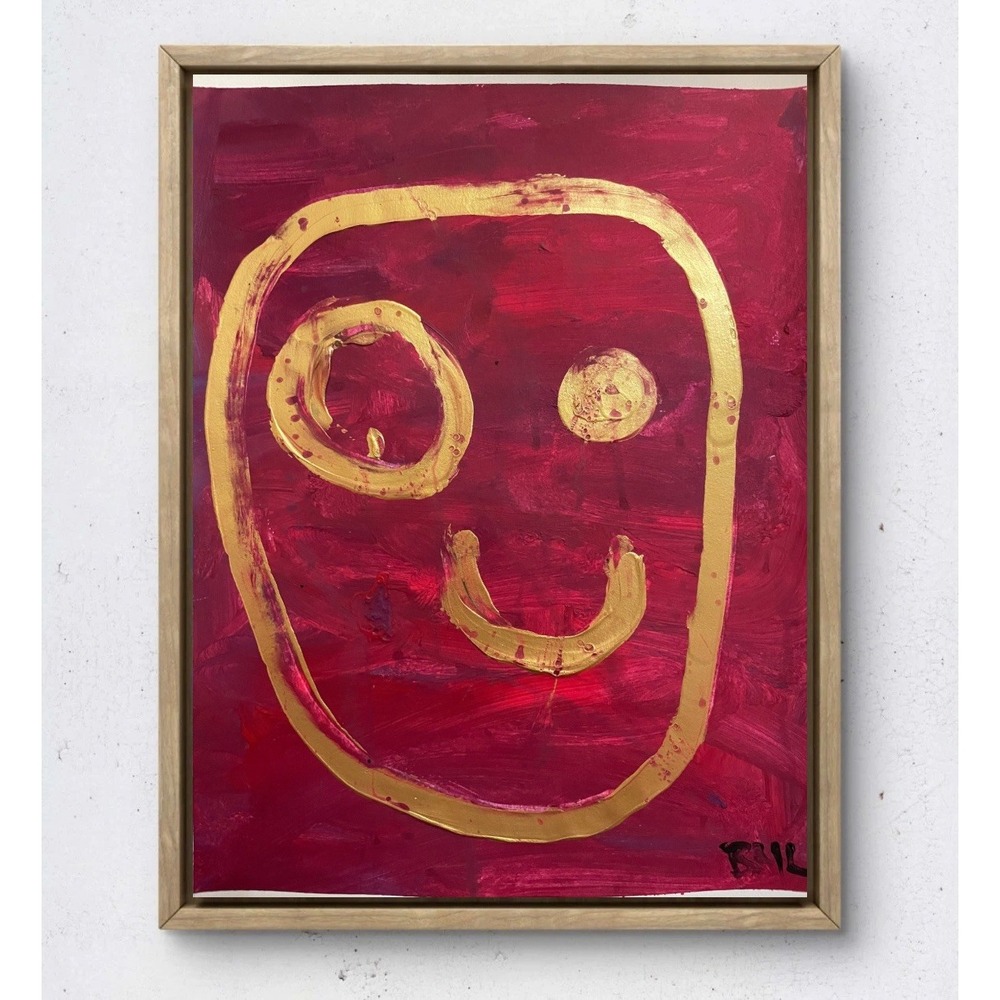 Pop Art Smiley Face Original Painting 11x14 Mixed Media Gold Red Abstract Decor